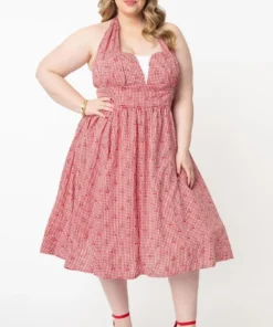 Unique Vintage Sheila Gingham & Cherry Swing Dress - Red