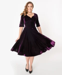 Unique Vintage Velvet Delores Swing Dress - Purple
