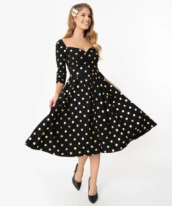Unique Vintage Lamar Swing Dress - Black & Gold Dot