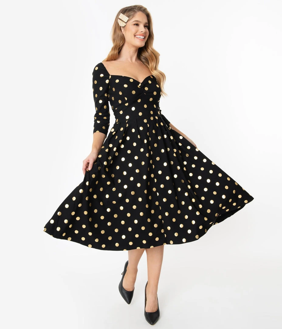 Unique Vintage Lamar Swing Dress - Black & Gold Dot 3 Unique Vintage Lamar Swing Dress - Black & Gold Dot