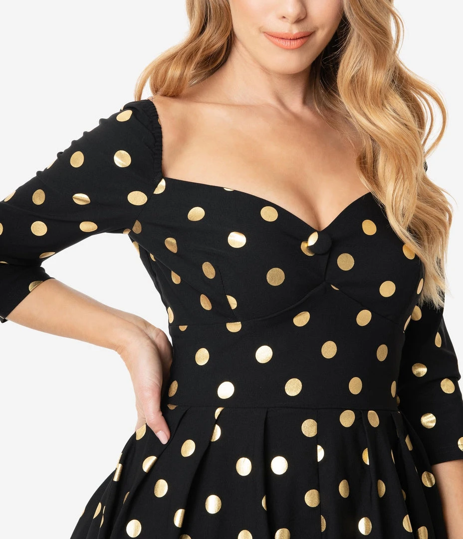 Unique Vintage Lamar Swing Dress - Black & Gold Dot 5 Unique Vintage Lamar Swing Dress - Black & Gold Dot