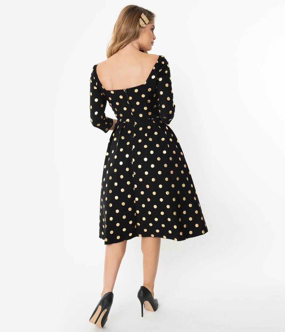 Unique Vintage Lamar Swing Dress - Black & Gold Dot 4 Unique Vintage Lamar Swing Dress - Black & Gold Dot
