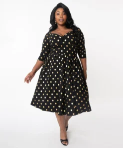 Unique Vintage Lamar Swing Dress - Black & Gold Dot 9 Unique Vintage Lamar Swing Dress - Black & Gold Dot