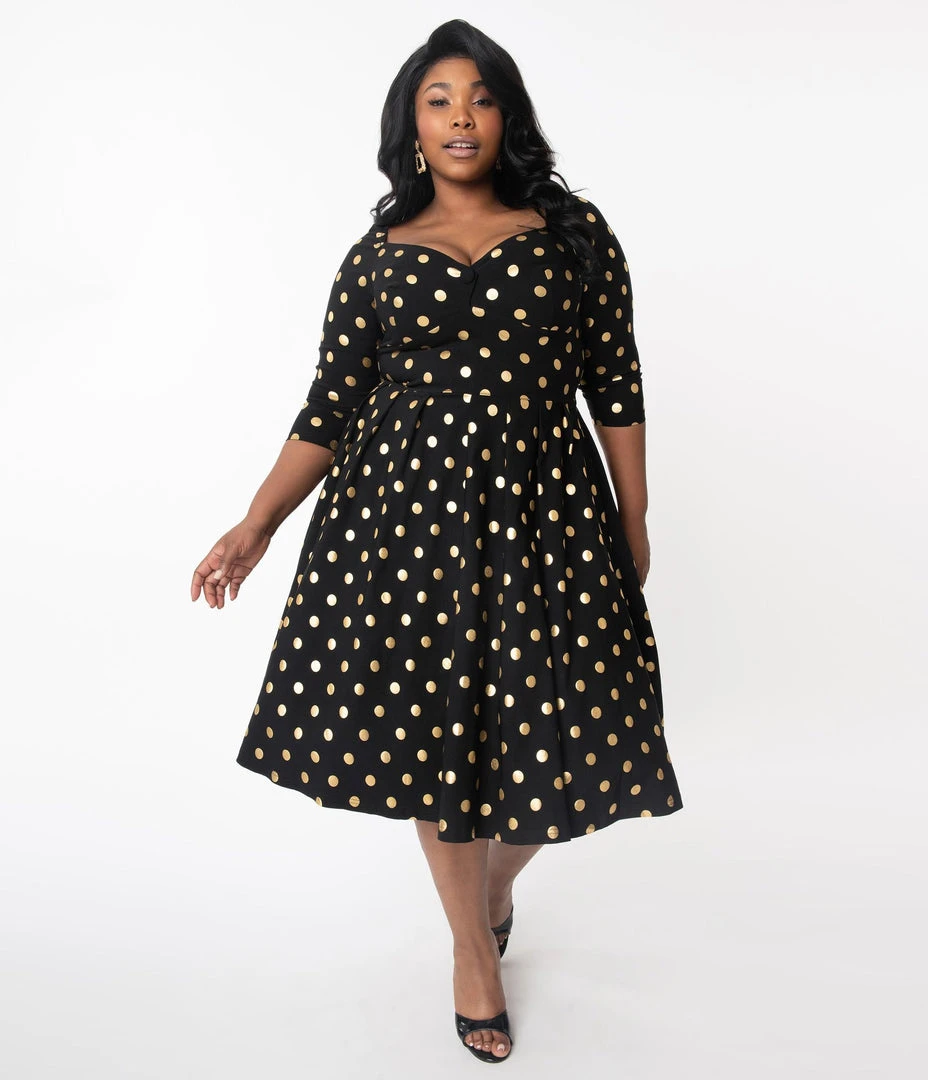 Unique Vintage Lamar Swing Dress - Black & Gold Dot 6 Unique Vintage Lamar Swing Dress - Black & Gold Dot
