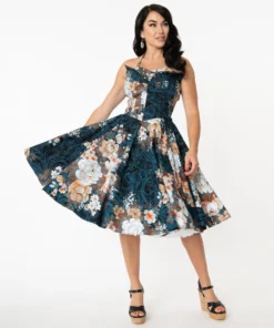 Unique Vintage Orchard Navy Floral Swing Dress