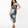 Unique Vintage Navy Floral Sarong Wiggle Dress