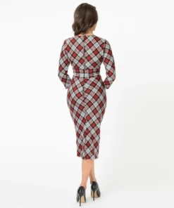 Unique Vintage Lyddie Dress - Red / Grey Plaid