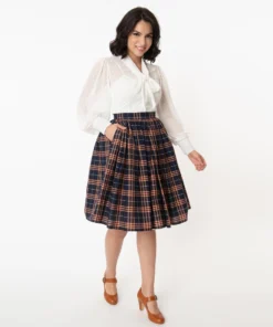 Unique Vintage Plaid Swing Skirt - Navy & Orange