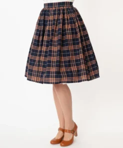 Unique Vintage Plaid Swing Skirt - Navy & Orange