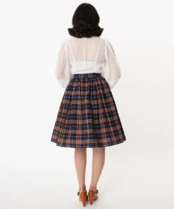 Unique Vintage Plaid Swing Skirt - Navy & Orange