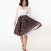 Unique Vintage Plaid Swing Skirt - Navy & Orange