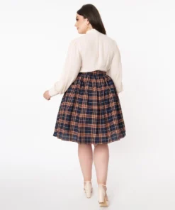 Unique Vintage Plaid Swing Skirt - Navy & Orange