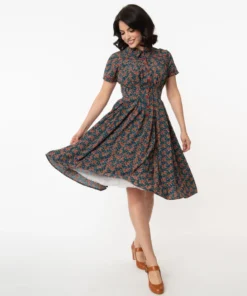 Unique Vintage Springfield Paisley Teal Swing Dress