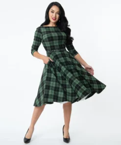Unique Vintage Devon Swing Dress - Black/Green Plaid