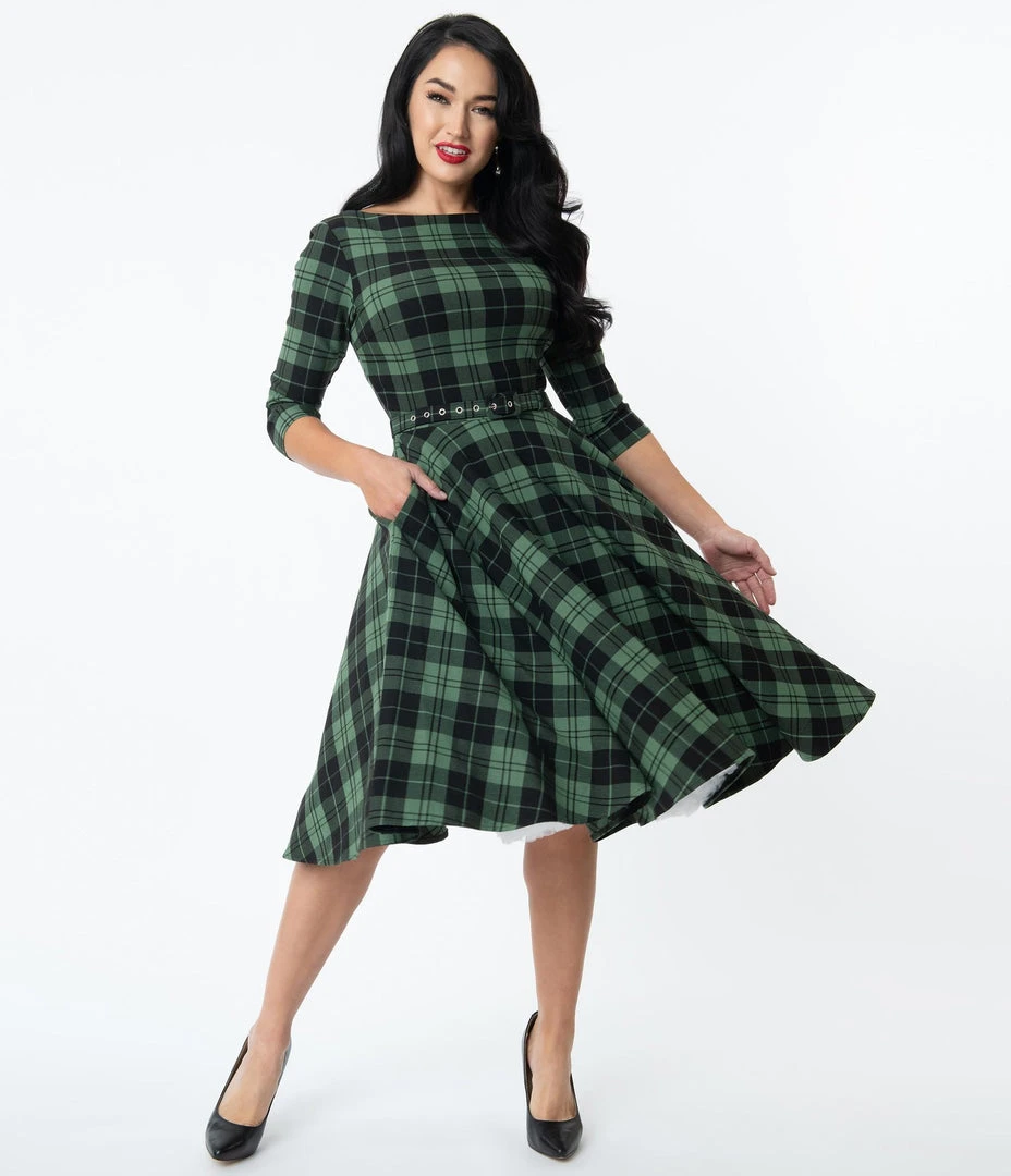 Unique Vintage Devon Swing Dress - Black/Green Plaid 3 Unique Vintage Devon Swing Dress - Black/Green Plaid