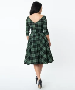 Unique Vintage Devon Swing Dress - Black/Green Plaid