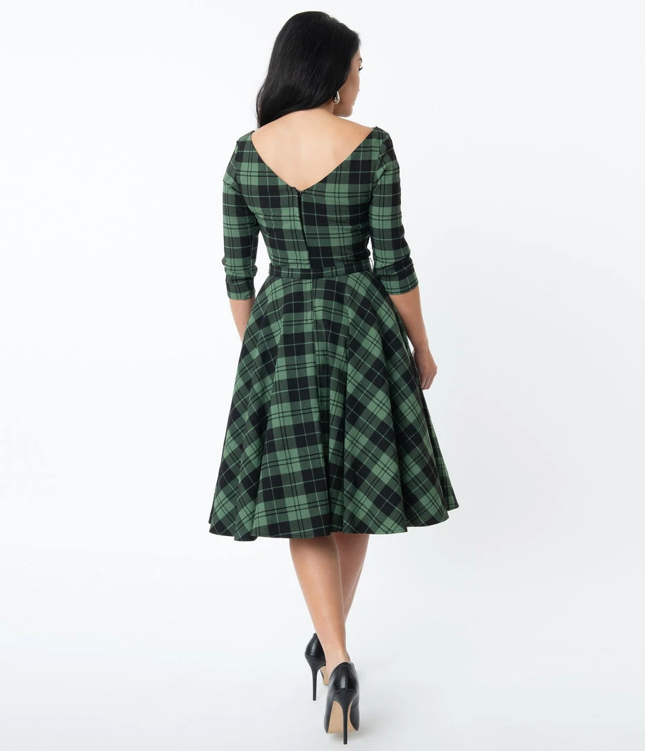 Unique Vintage Devon Swing Dress - Black/Green Plaid 4 Unique Vintage Devon Swing Dress - Black/Green Plaid