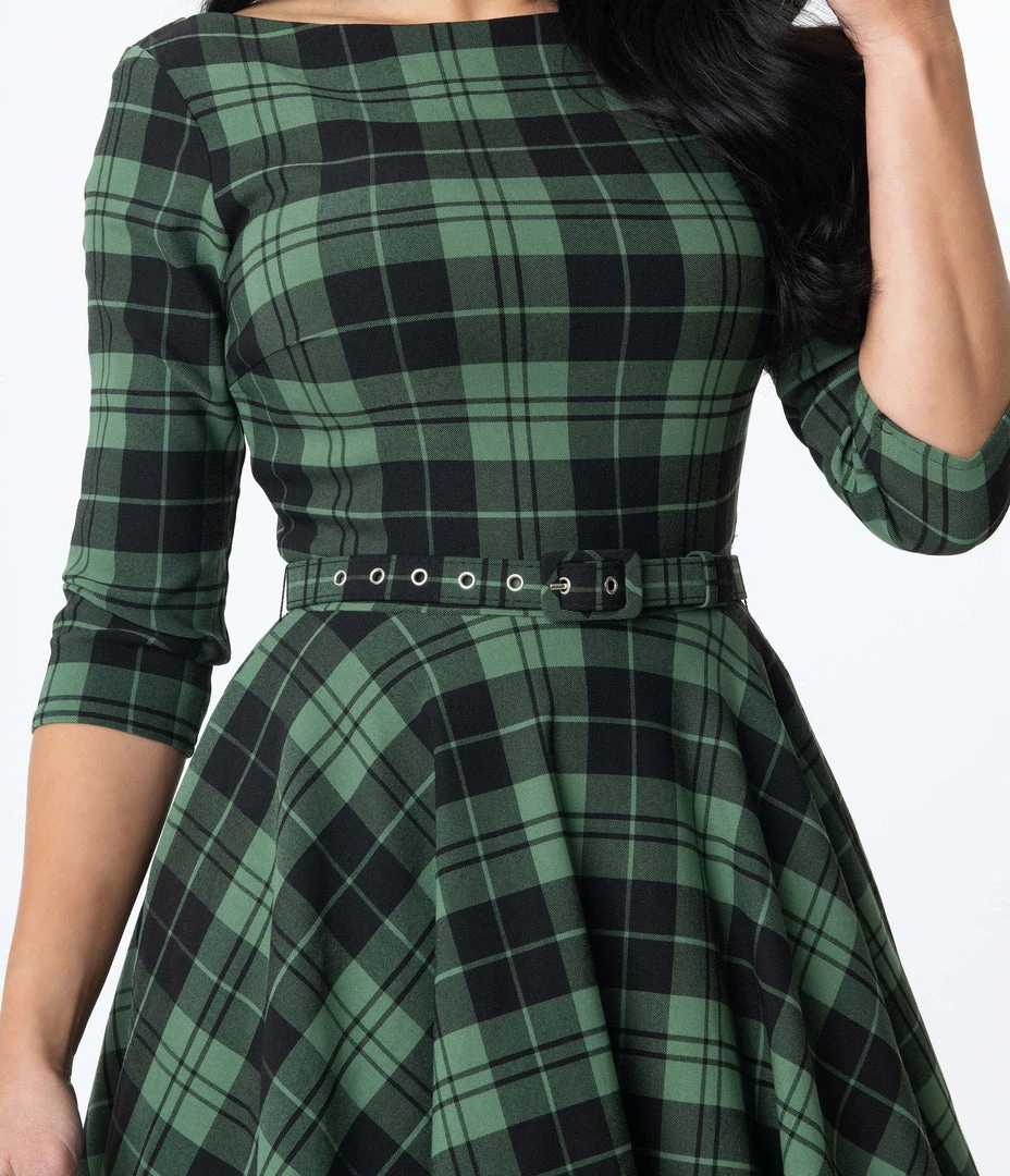 Unique Vintage Devon Swing Dress - Black/Green Plaid 5 Unique Vintage Devon Swing Dress - Black/Green Plaid