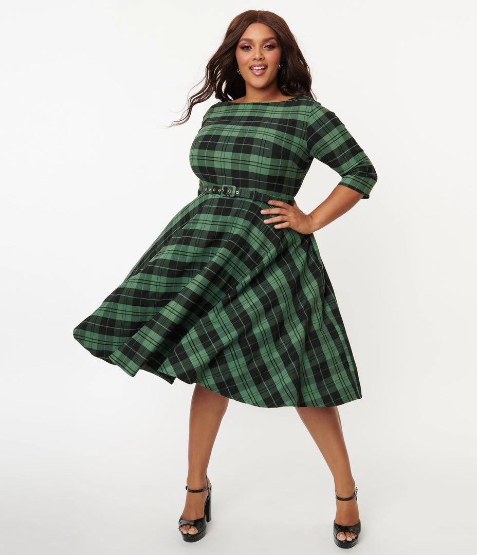 Unique Vintage Devon Swing Dress - Black/Green Plaid 6 Unique Vintage Devon Swing Dress - Black/Green Plaid