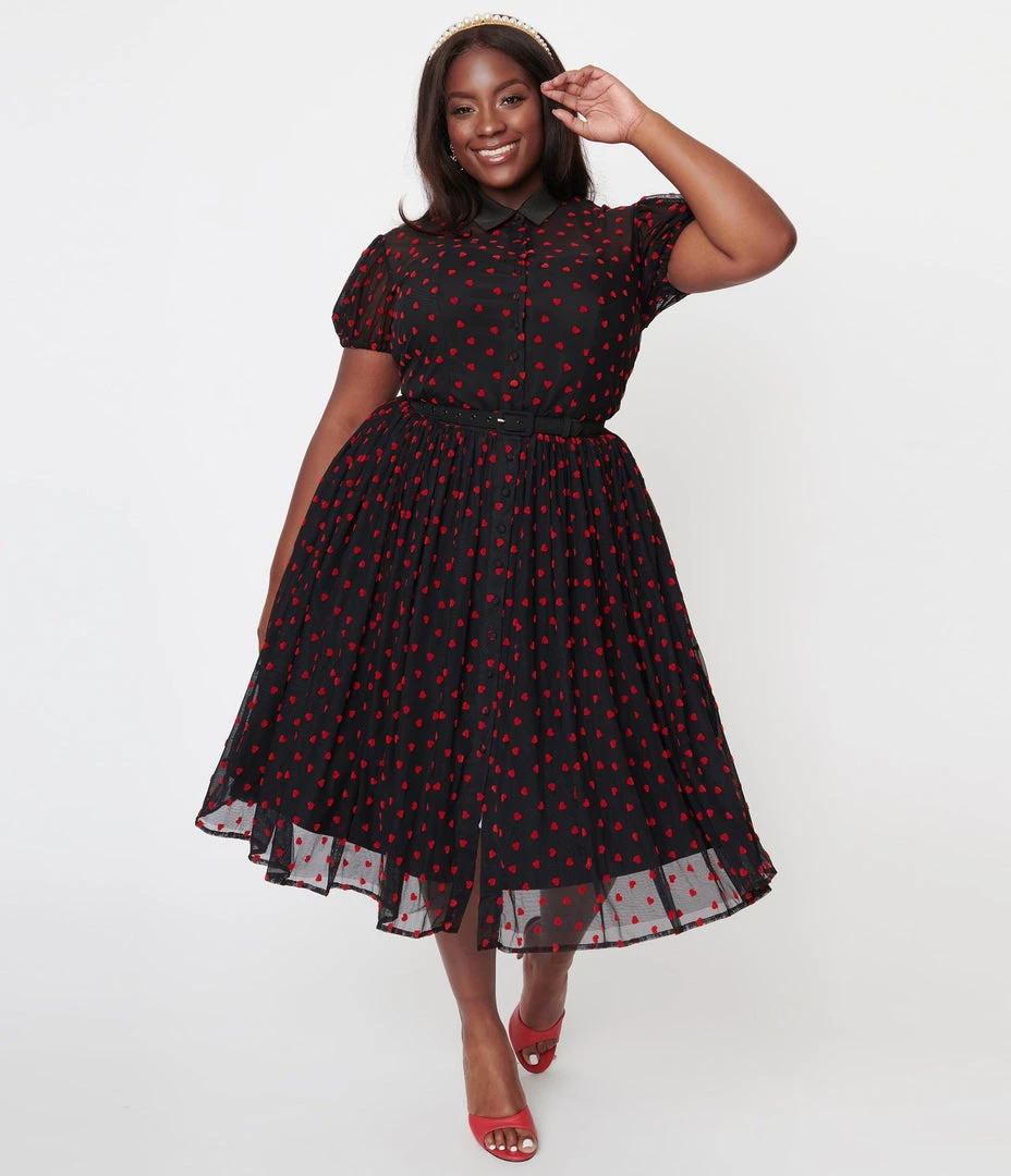 Unique Vintage Hollie Black & Red Hearts Swing Dress 6 Unique Vintage Hollie Black & Red Hearts Swing Dress