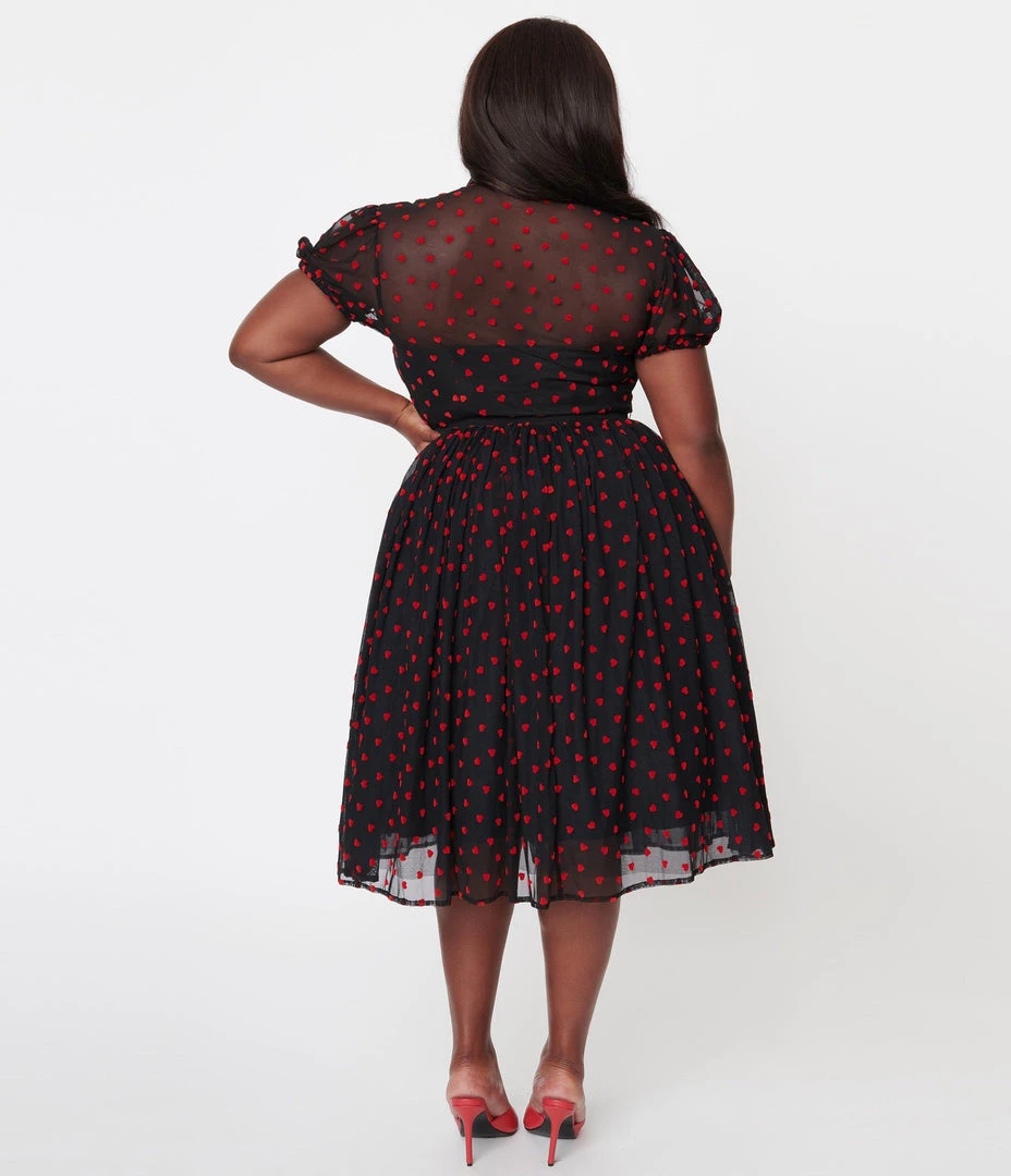 Unique Vintage Hollie Black & Red Hearts Swing Dress 8 Unique Vintage Hollie Black & Red Hearts Swing Dress