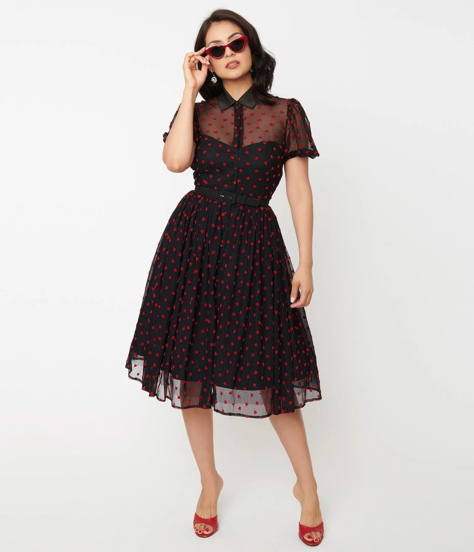 Unique Vintage Hollie Black & Red Hearts Swing Dress 3 Unique Vintage Hollie Black & Red Hearts Swing Dress