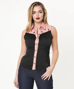 Unique Vintage Western Prairie Girl Blouse - Pink & Black