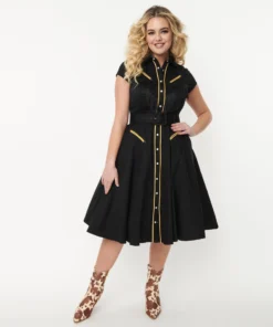 Unique Vintage Madeline Western Swing Dress - Black/Gold