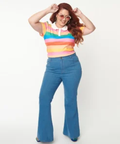 Unique Vintage Rainbow Embroidered Bellbottom Jeans