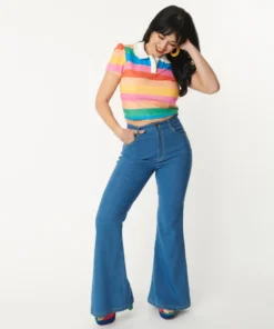 Unique Vintage Rainbow Embroidered Bellbottom Jeans