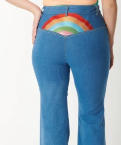 Unique Vintage Rainbow Embroidered Bellbottom Jeans