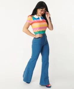 Unique Vintage Rainbow Embroidered Bellbottom Jeans