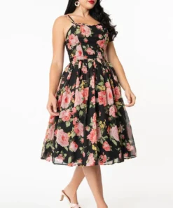 Unique Vintage Reed Swing Dress - Black & Pink Floral
