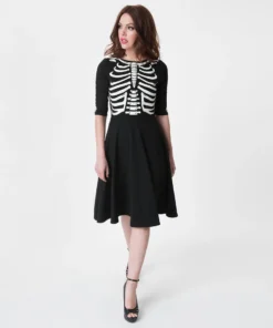 Unique Vintage Black Skeleton Bones Graves Swing Dress