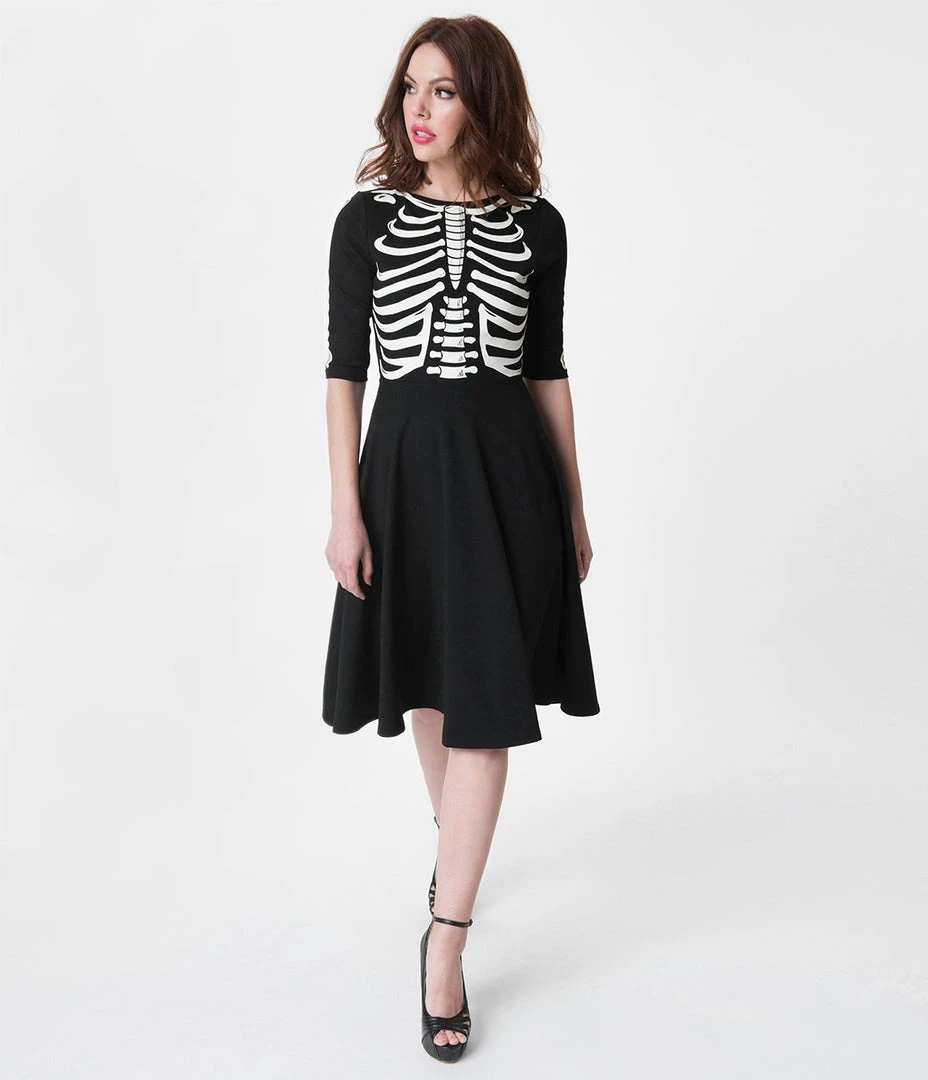 Unique Vintage Black Skeleton Bones Graves Swing Dress 3 Unique Vintage Black Skeleton Bones Graves Swing Dress