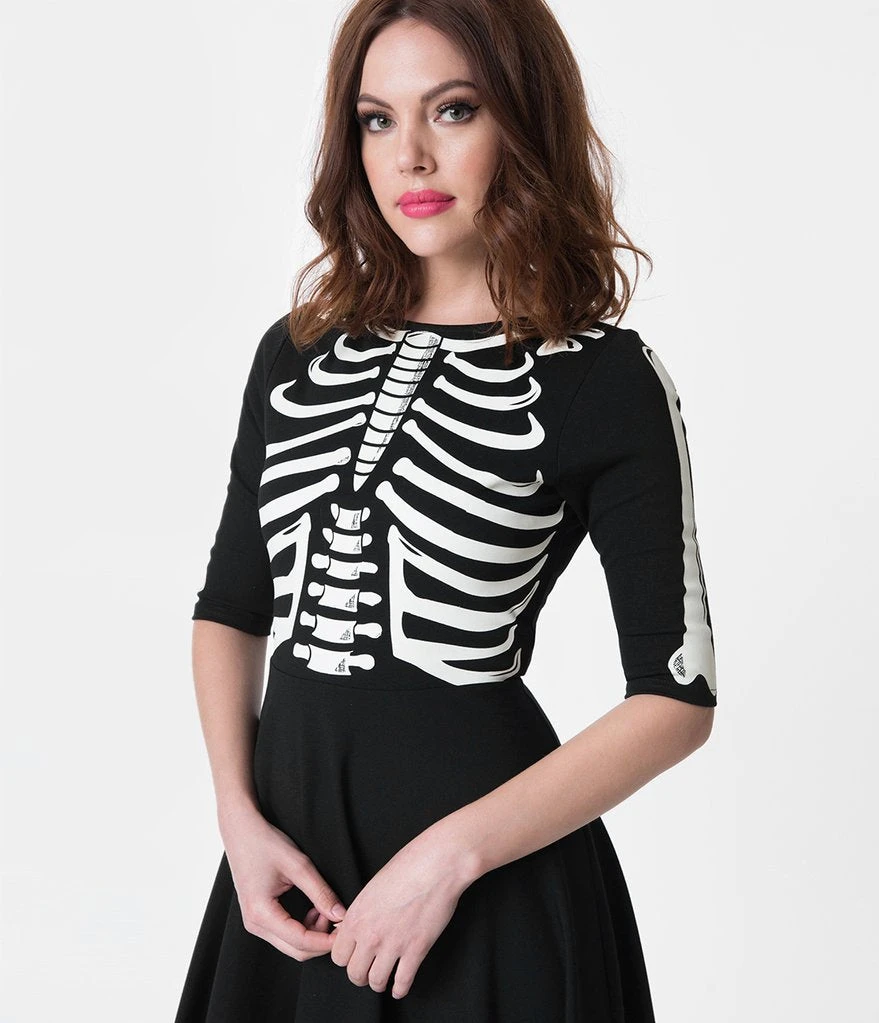 Unique Vintage Black Skeleton Bones Graves Swing Dress 5 Unique Vintage Black Skeleton Bones Graves Swing Dress