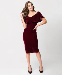 Unique Vintage Sophia Velvet Wiggle Dress - Burgundy