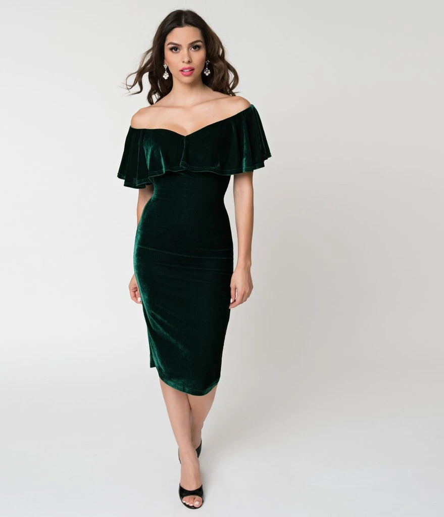 Unique Vintage Sophia Velvet Wiggle Dress - Green 5 Unique Vintage Sophia Velvet Wiggle Dress - Green