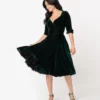 Unique Vintage Velvet Delores Swing Dress - Green