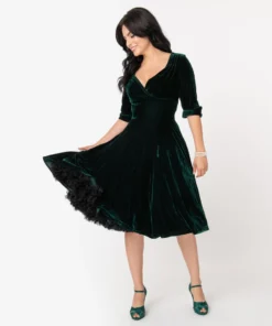 Unique Vintage Velvet Delores Swing Dress - Green