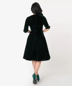 Unique Vintage Velvet Delores Swing Dress - Green