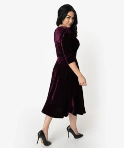 Unique Vintage Velvet Delores Swing Dress - Purple