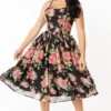 Unique Vintage Reed Swing Dress - Black & Pink Floral