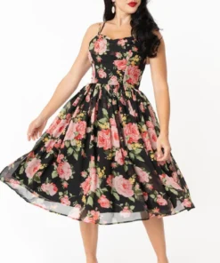 Unique Vintage Reed Swing Dress - Black & Pink Floral