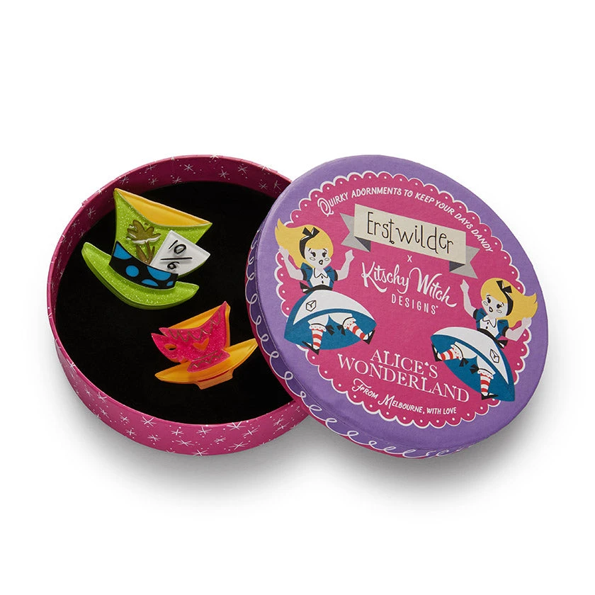 Erstwilder Kitschy Witch Alice's Wonderland Mad Hatter's Tea Party Double Brooch 4 Erstwilder Kitschy Witch Alice's Wonderland Mad Hatter's Tea Party Double Brooch