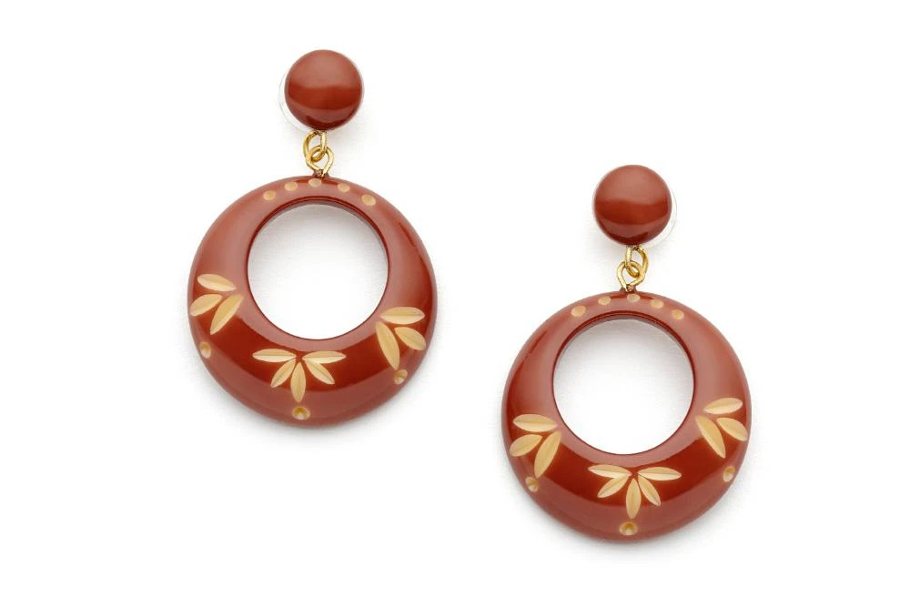 Splendette Carved Drop Hoop Earrings - Café 3 Splendette Carved Drop Hoop Earrings - Café