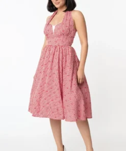 Unique Vintage Sheila Gingham & Cherry Swing Dress - Red