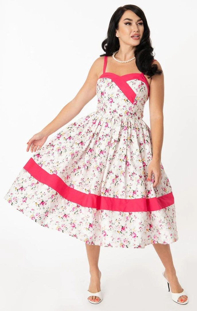 Unique Vintage Darienne Swing Dress - White/Pink Floral 3 Unique Vintage Darienne Swing Dress - White/Pink Floral