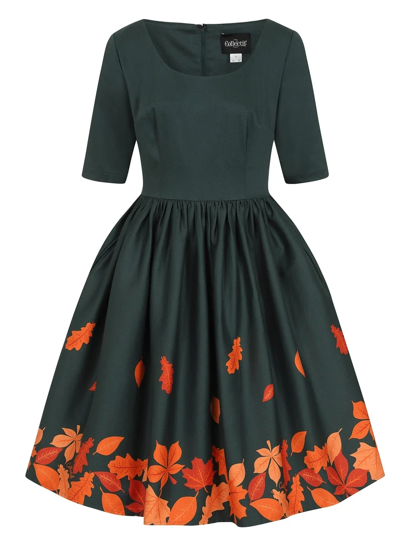 Collectif Amber-Lea Leaves Border Swing Dress 4 Collectif Amber-Lea Leaves Border Swing Dress