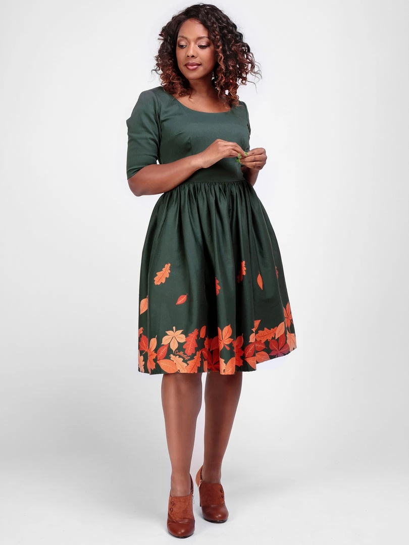 Collectif Amber-Lea Leaves Border Swing Dress 3 Collectif Amber-Lea Leaves Border Swing Dress